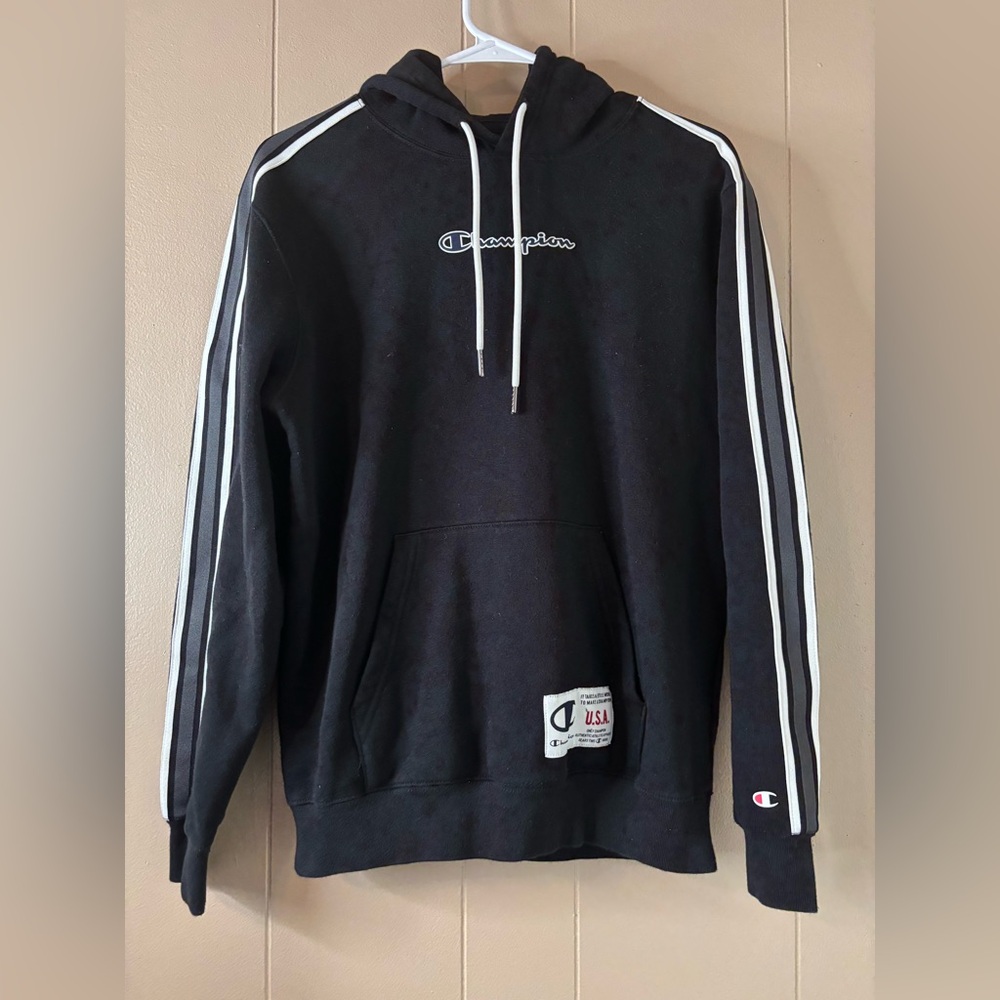 Champion Black Hoodie with White Stripes